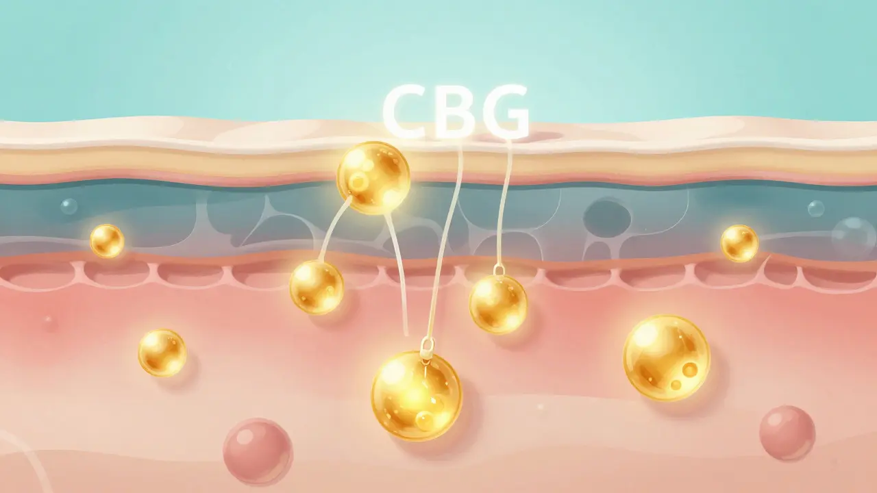 Künstlerische Darstellung von CBG-Molekülen, die mit Rezeptoren in der Haut interagieren.