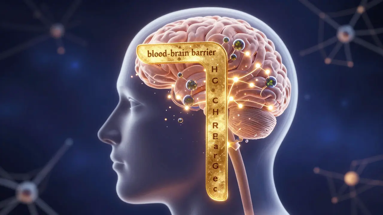 Künstlerische Darstellung von HHC-Molekülen, die die Blut-Hirn-Schranke passieren.