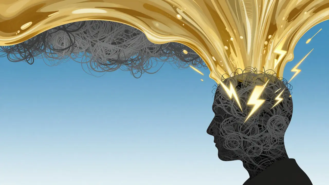 Künstlerische Darstellung von Stress im Kopf, der durch eine goldene Welle beruhigt wird.