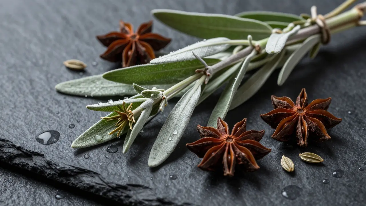 Makroaufnahme von Wermutkraut, Sternanis und Fenchelsamen auf dunklem Stein.
