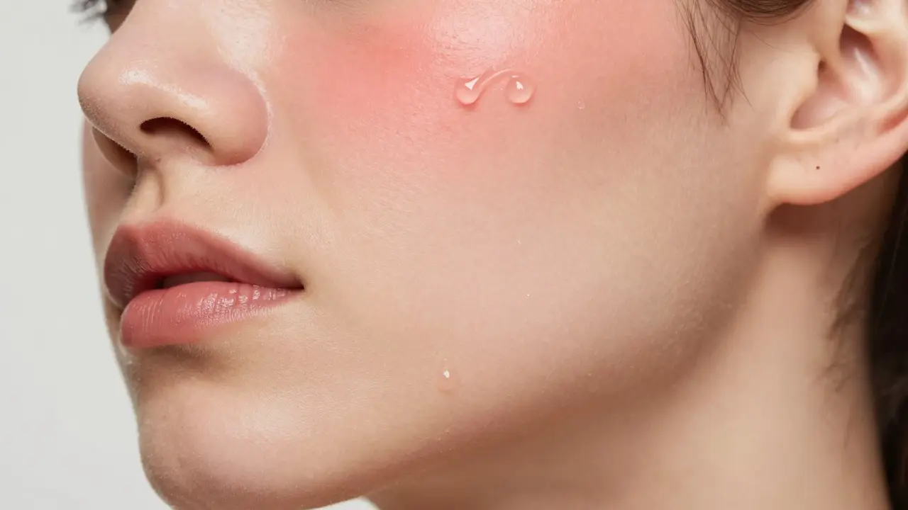 Nahaufnahme von Haut, die zeigt, wie eine Rötung durch ein Serum beruhigt wird.