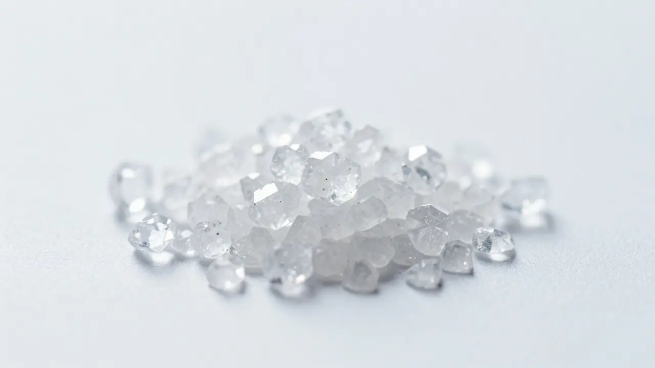 Nahaufnahme von reinem, kristallinem CBD-Isolat auf weißem Hintergrund