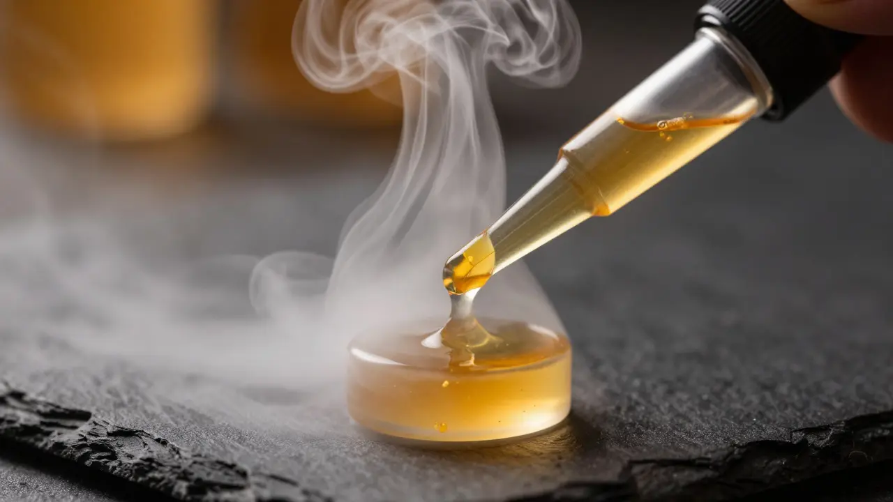 Nahaufnahme von schmelzendem Live Resin an einem Dab-Rig mit aufsteigendem Dampf.