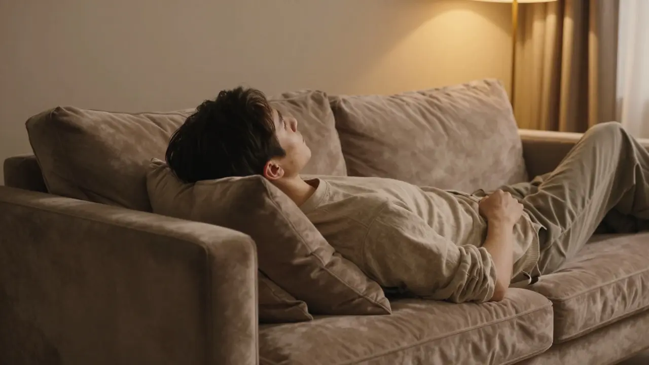 Person, die sich entspannt in ein gemütliches Sofa sinken lässt, zur Darstellung von körperlicher Lockerung.