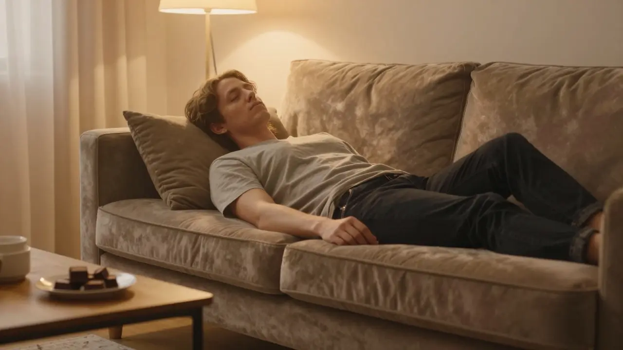 Person in tiefer Entspannung auf einem Sofa, die das Couch-Lock-Gefühl erlebt.