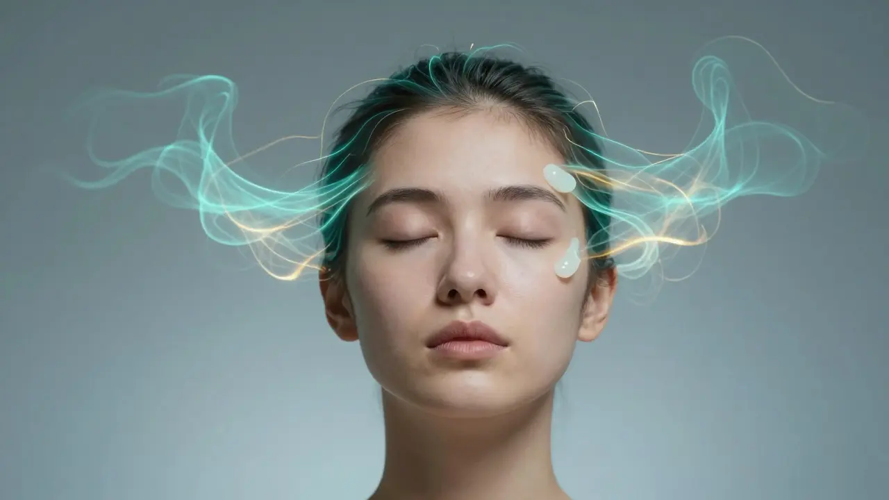 Person mit geschlossenen Augen und Balsam an den Schläfen, symbolisiert mentale Ruhe.