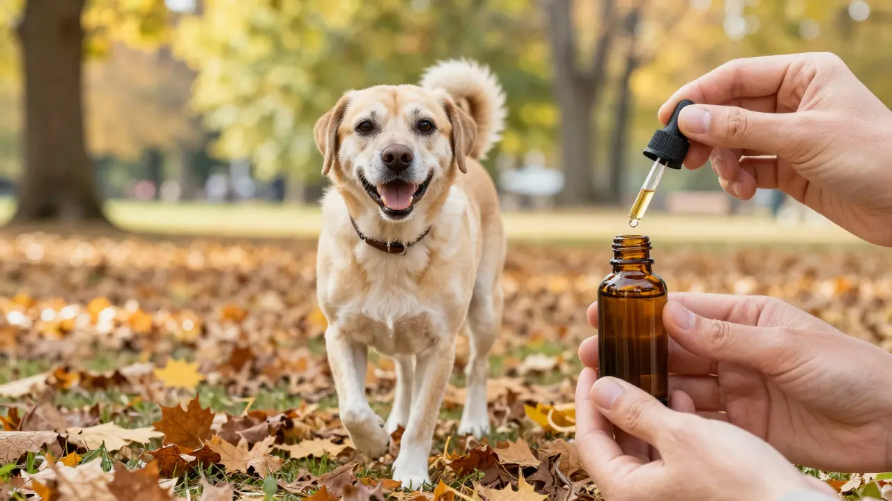 Seniorenhund läuft vital durch einen Park, während im Vordergrund CBD-Öl gehalten wird.