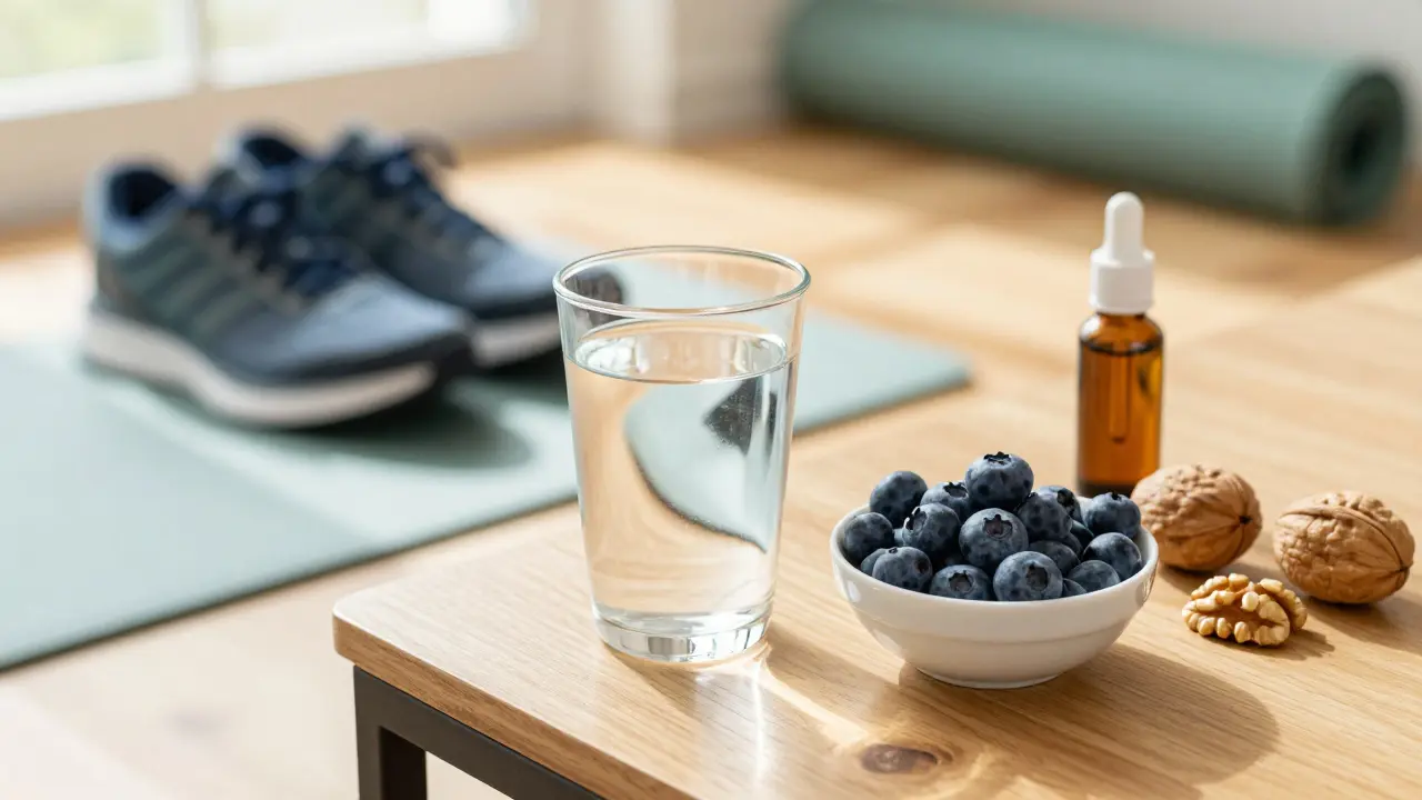 Stillleben mit gesunden Lebensmitteln, CBD-Öl und Sportausrüstung für mehr Vitalität.