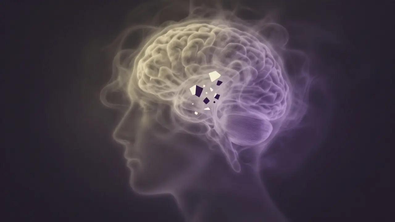 Surreale Darstellung eines Kopfprofils mit farbigen Nebeln, die psychische Wirkungen symbolisieren.