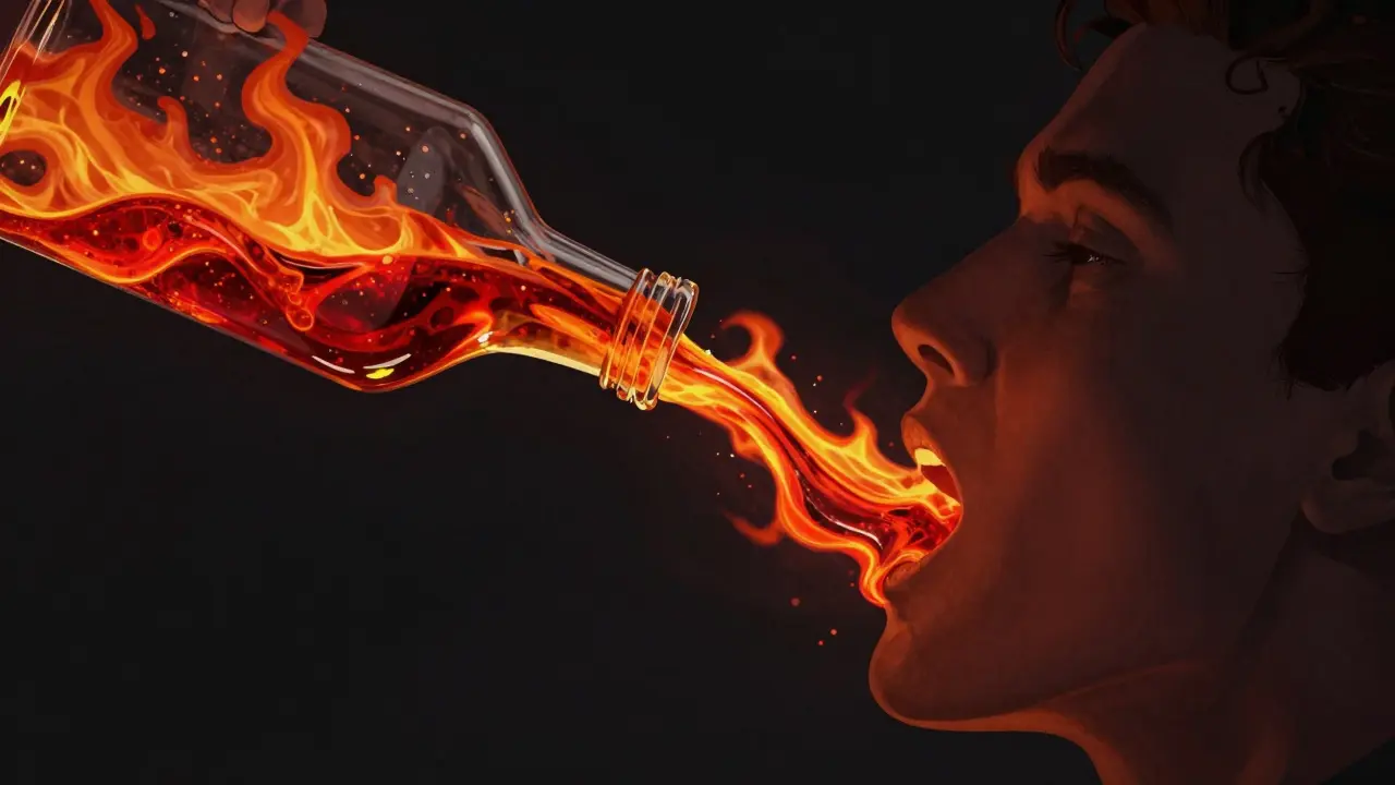 Surreale Illustration eines Profils, bei dem der Alkohol im Rachen zu flüssigem Feuer wird.