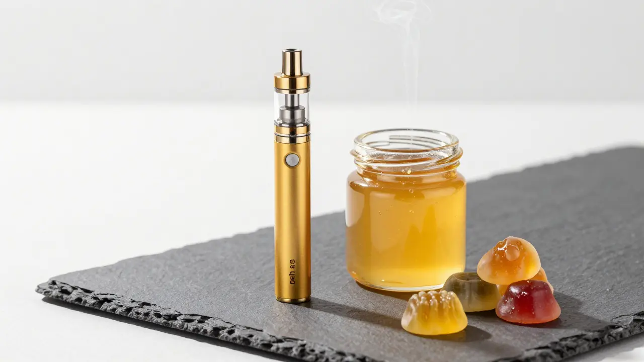 Vape-Pen, goldenes Delta 8 Konzentrat und Gummibärchen auf einer Schieferplatte.