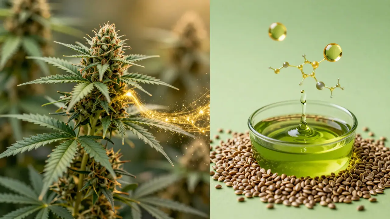 Vergleich zwischen CBD-Blütenextrakt und gepresstem Hanfsamenöl.