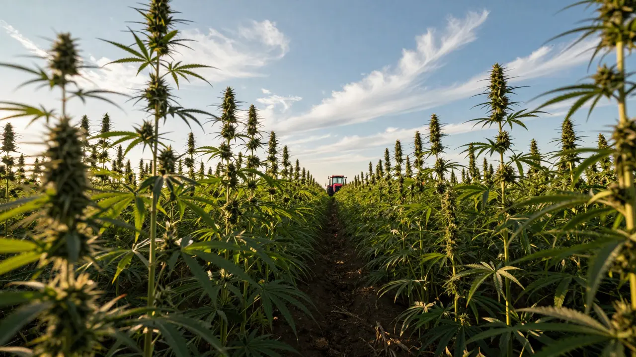 Weites Feld mit Industriehanf unter einem blauen Himmel in den USA