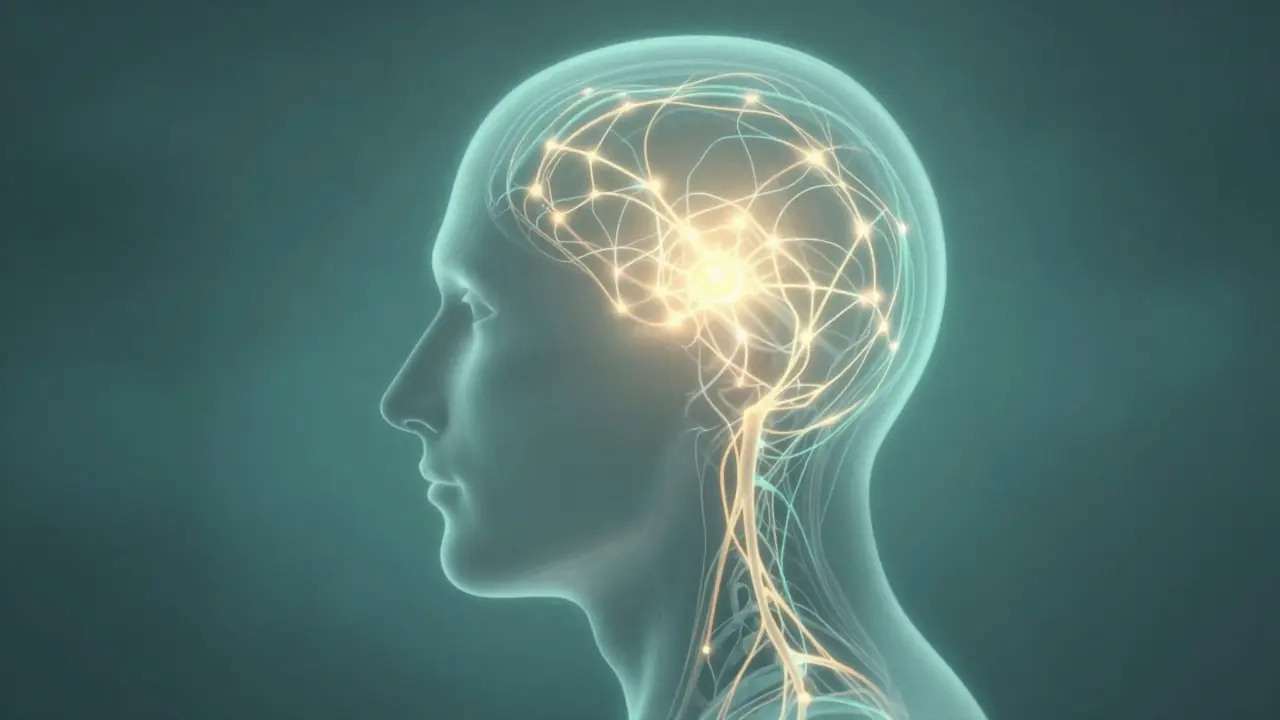 Abstract illustration of neural network calming anxiety within human silhouette.