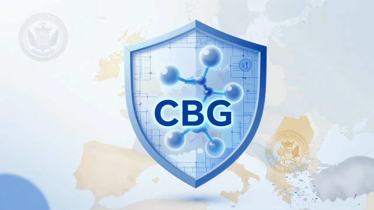 Abstrakte Darstellung von CBG-Molekül mit Symbolen für Rechtssicherheit