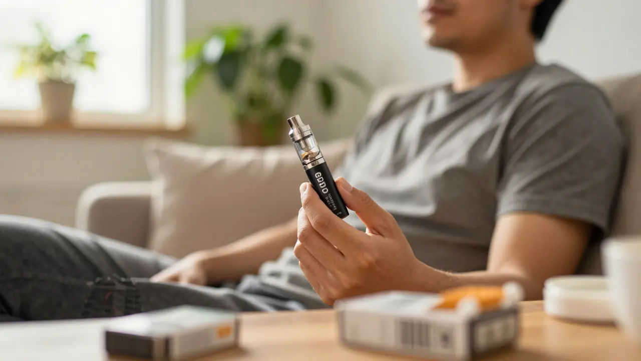 Entspannte Person mit CBD-Vape in sonnigem Wohnzimmer, weg vom Rauchen