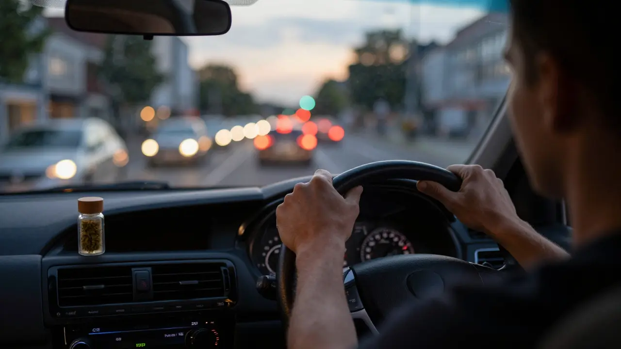 Fahrer hinter dem Lenkrad bei Nacht mit CBD-Produkt auf dem Beifahrersitz