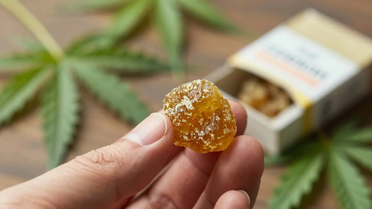 Hand mit CBD-Hash und Hanfpflanzen im Hintergrund