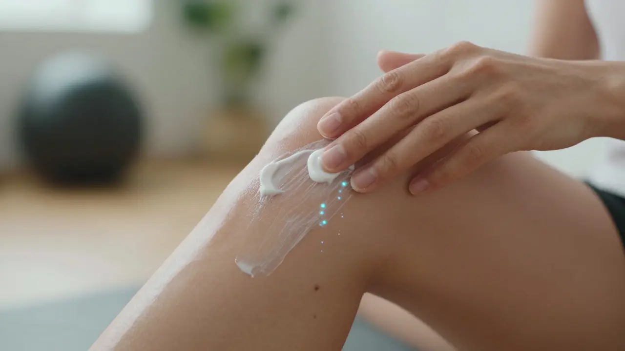 Hand reibt CBD-Creme auf das Knie für lokale Schmerzlinderung und Entzündungshemmung