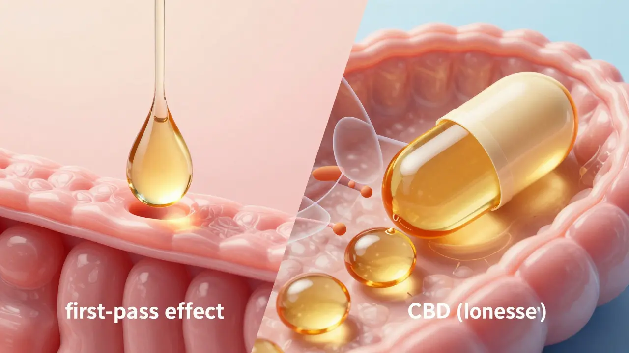 Illustration der Bioverfügbarkeit von CBD durch Liposomen im Vergleich zu Öl