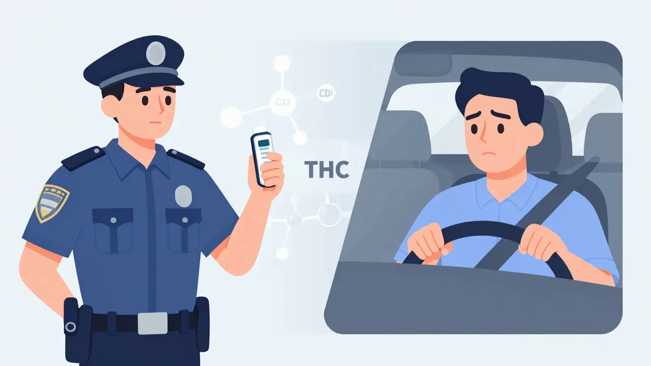 Illustration: Polizeikontrolle und Fahrer mit Drogentest im Fokus