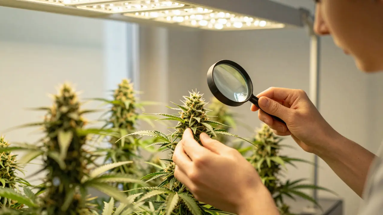 Indoor-Anbau von Cannabis zu Hause: Hände prüfen Trichome unter LED-Licht in einem hellen Raum