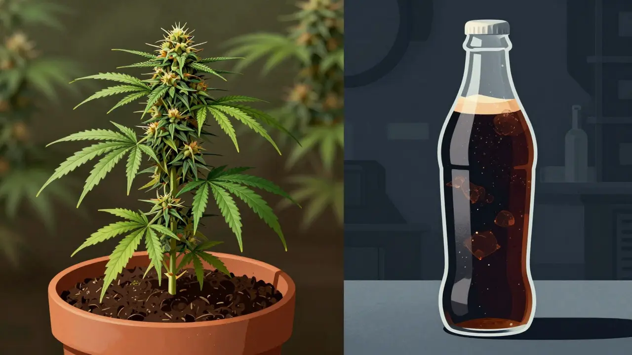 Konzeptionelle Darstellung: Cannabis-Pflanze links im Boden, abstraktes Cola-Getränk rechts als Kontrast