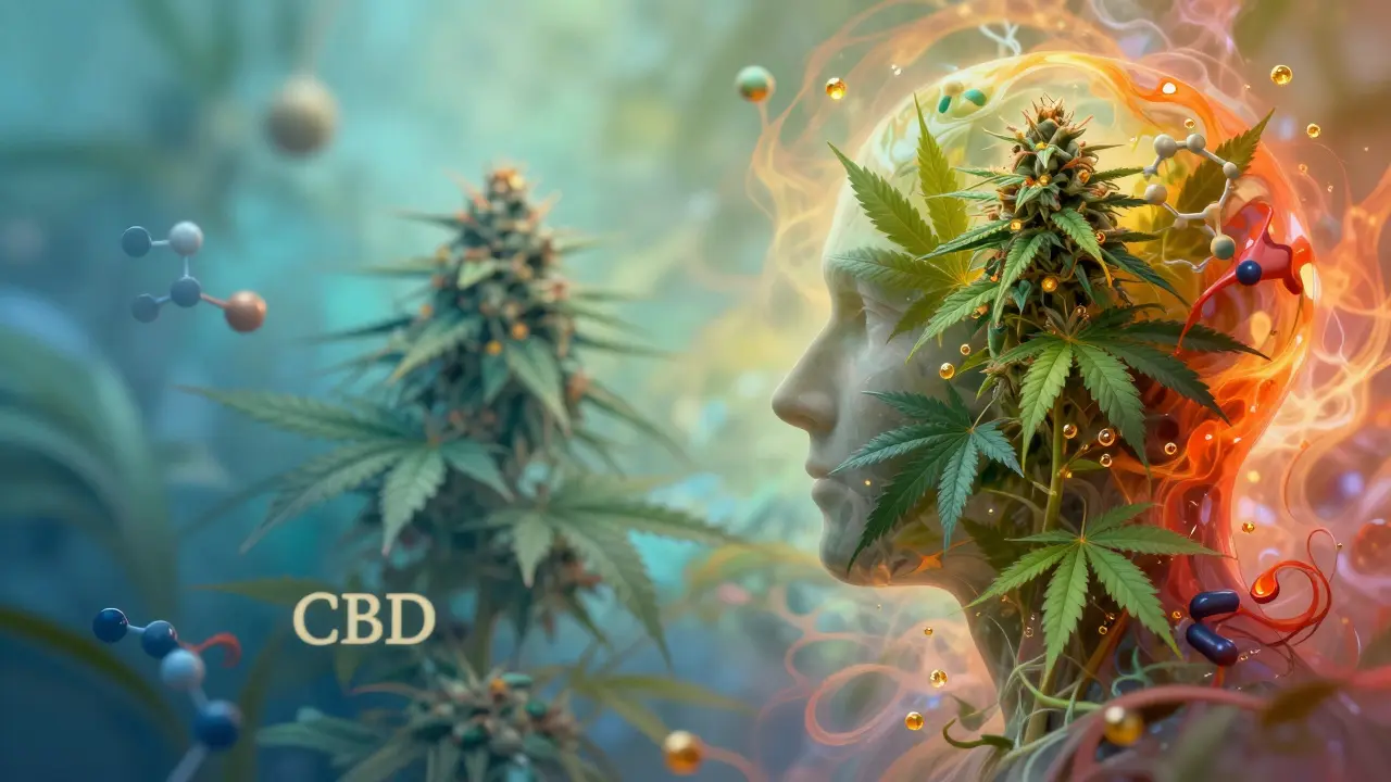 Künstlerische Darstellung des Entourage-Effekts mit Cannabinoid-Molekülen