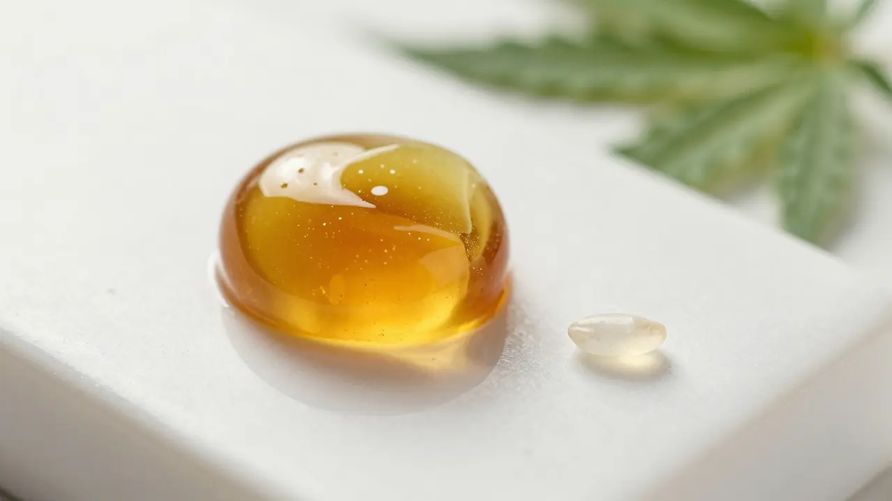 Makroaufnahme von goldenem Cannabis-Shatter mit winziger Dosierportion