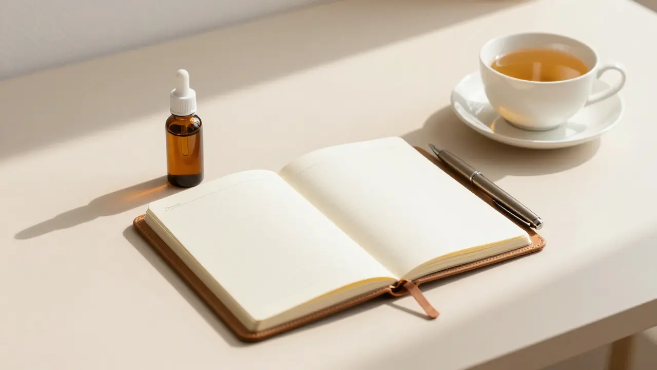 Minimalist desk with oil bottle and journal for mindful dosage tracking.
