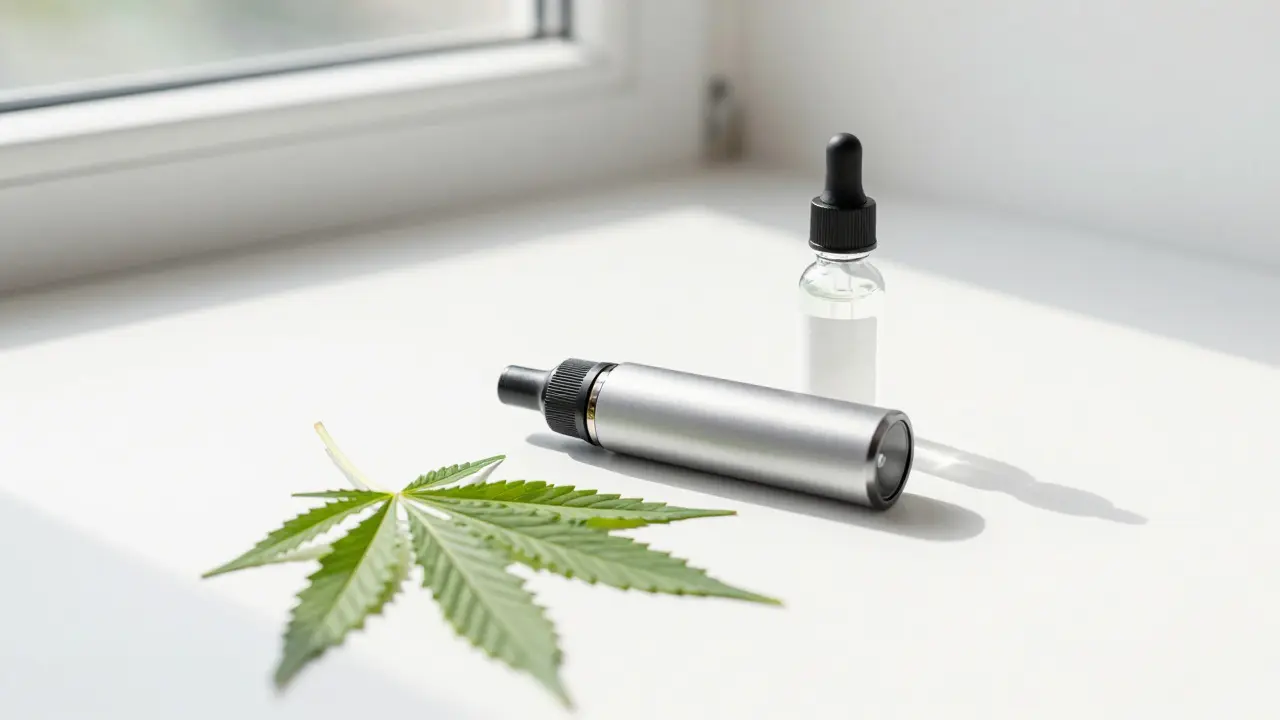 Moderner Vape und CBD-Flasche auf weißem Hintergrund mit Cannabisblättern