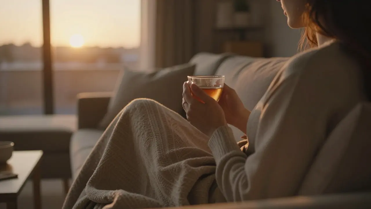 Person entspannt am Nachmittag auf dem Sofa bei Sonnenuntergang