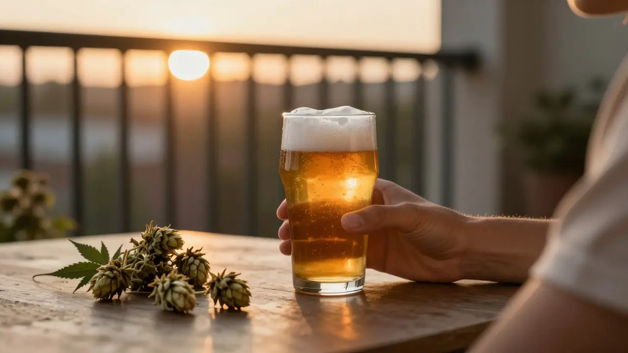 Person entspannt auf Balkon mit Glas CBD-Bier bei Sonnenuntergang