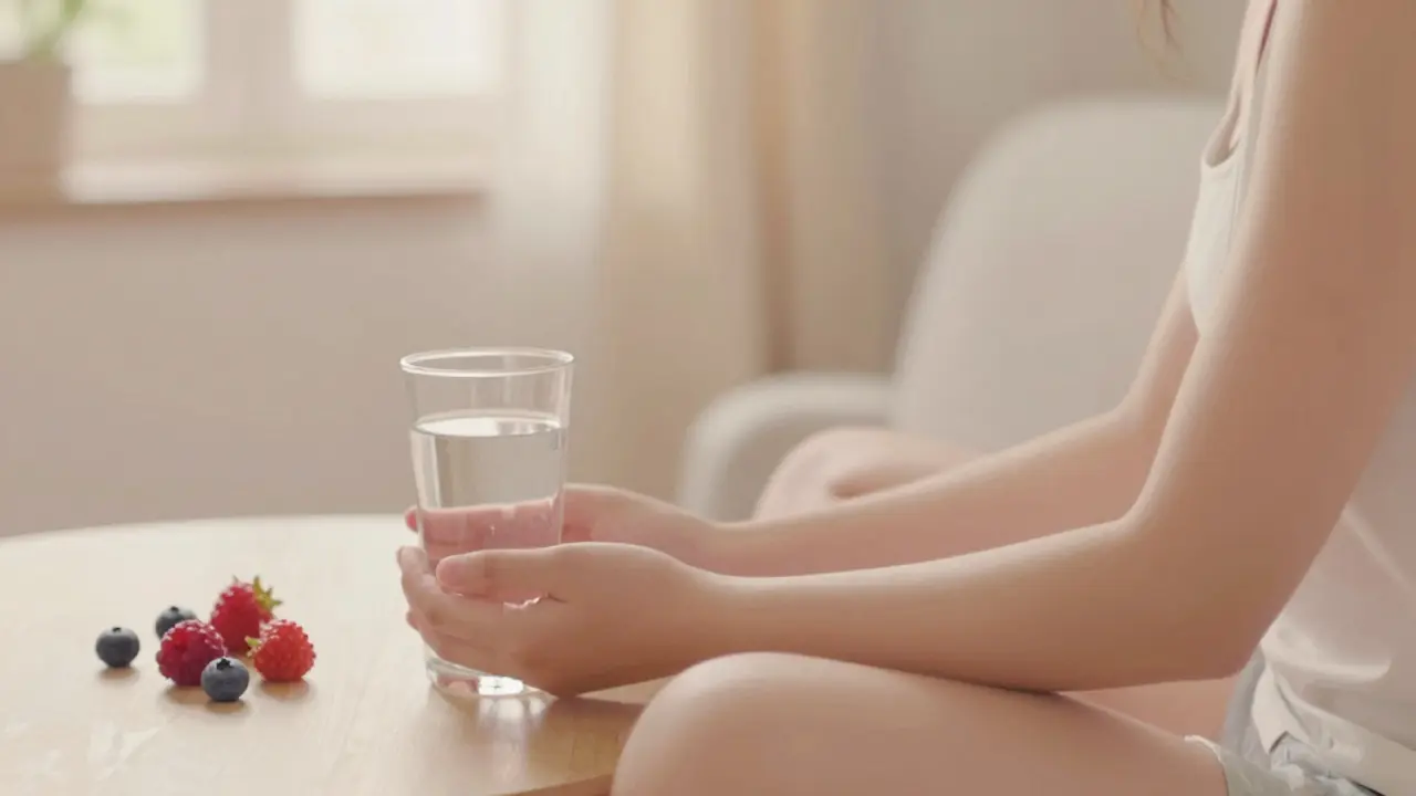 Person in entspannter Umgebung mit Wasser und Beeren.