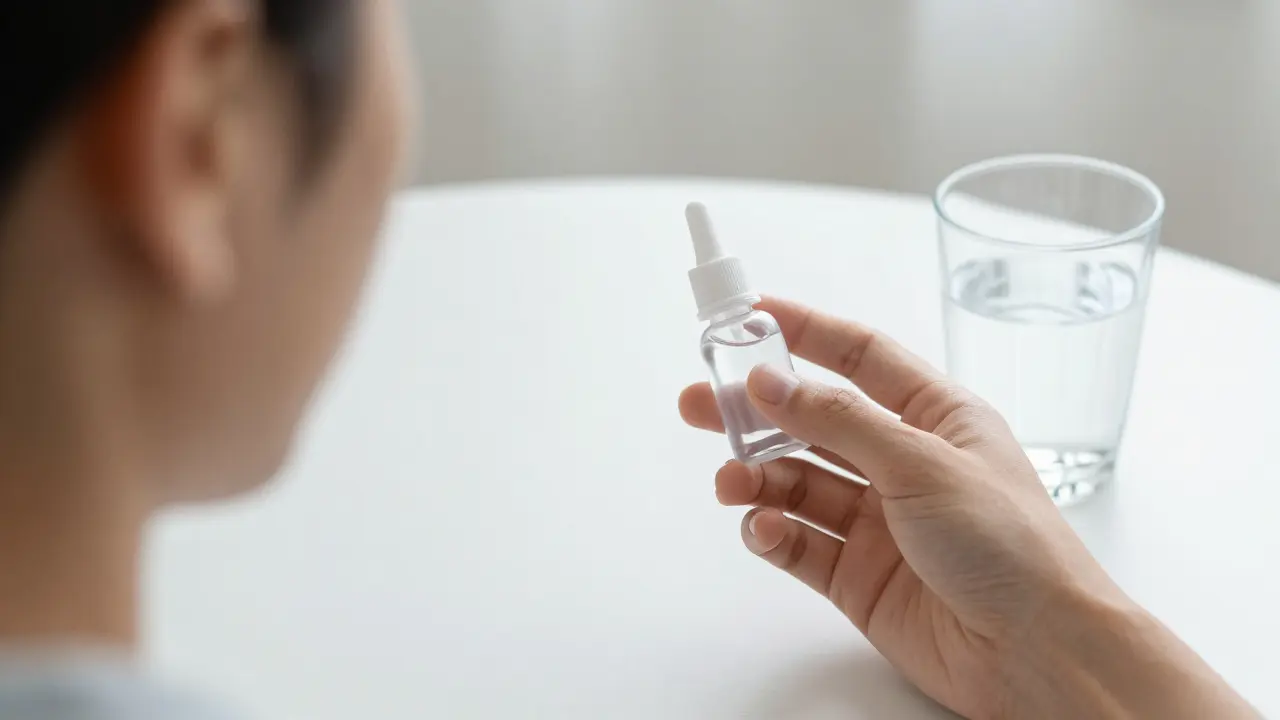 Person mit kühlenden Augentropfen und Glas Wasser zur Linderung