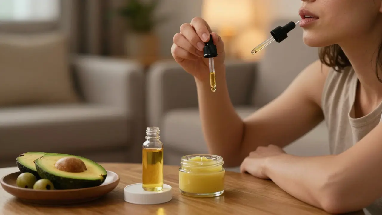 Person nimmt CBD-Öl sublingual ein, daneben Fettquellen zur besseren Aufnahme