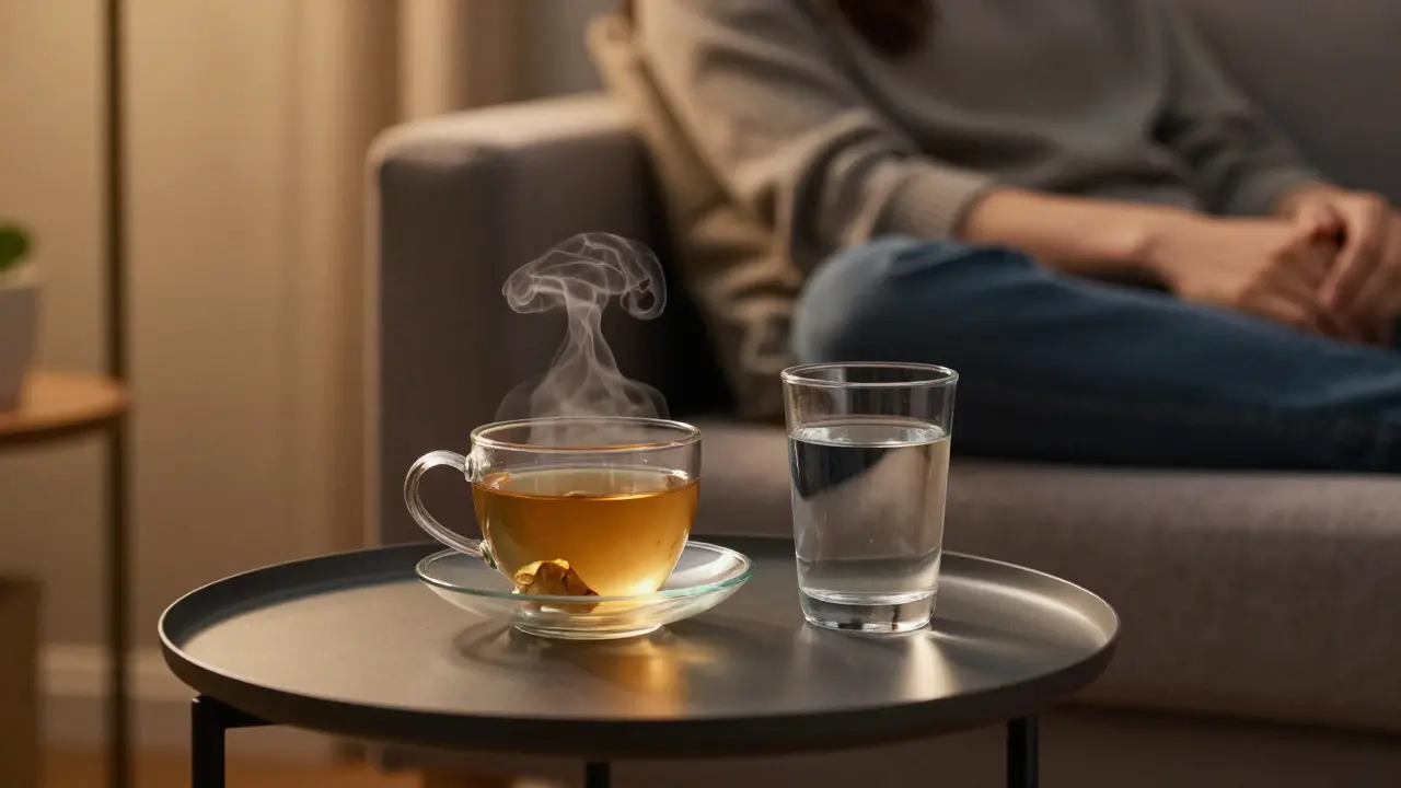 Ruhige Szene mit Ingwertee und Wasser zum Entspannen