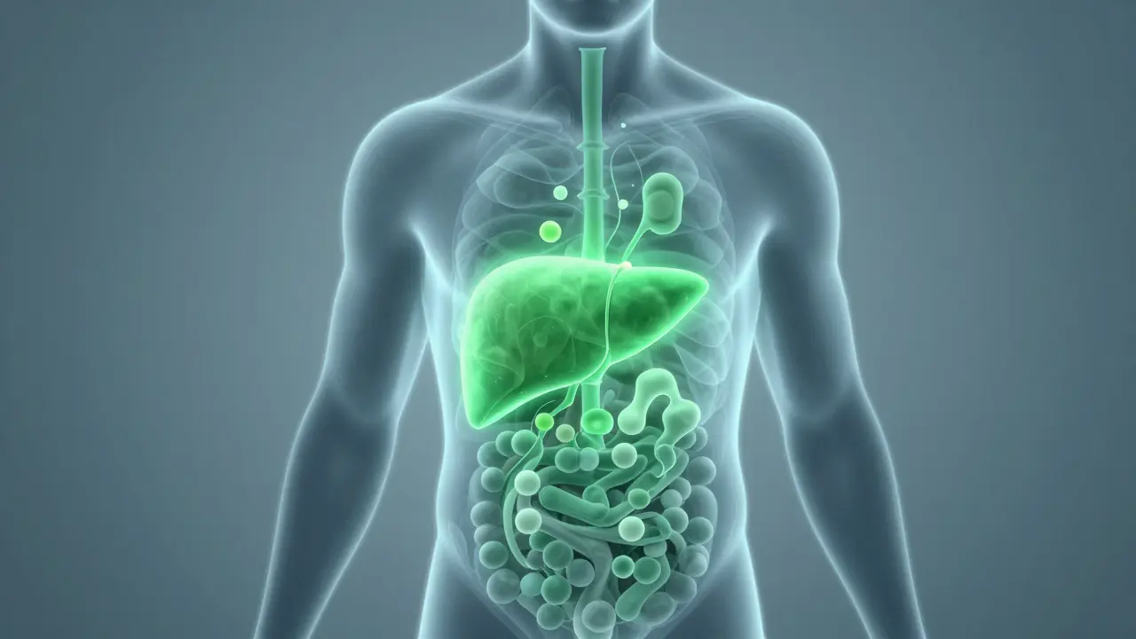 Stilisierte Illustration der Leber und Enzyme im Körper, die Stoffwechselprozesse darstellen.