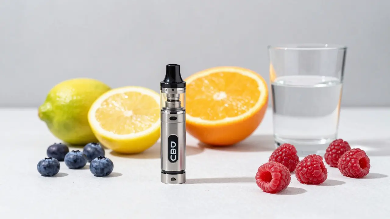 Vape-Zubehör neben Zitrusfrüchten, Beeren und einem Wasserglas