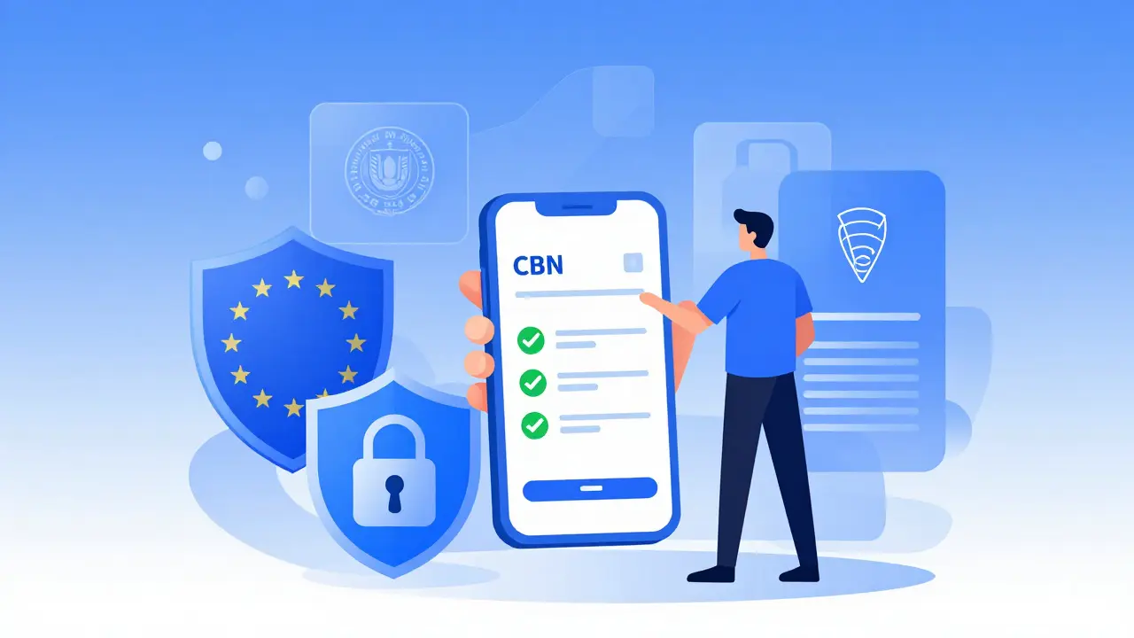 Verbraucher mit Smartphone vor abstrakten Symbolen für EU-Gesetze