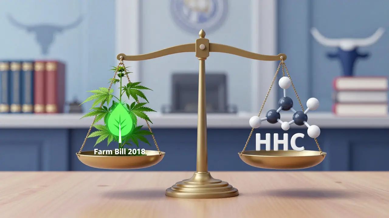 Waage mit Hanfpflanzen und HHC-Molekül vor Gerichtshintergrund