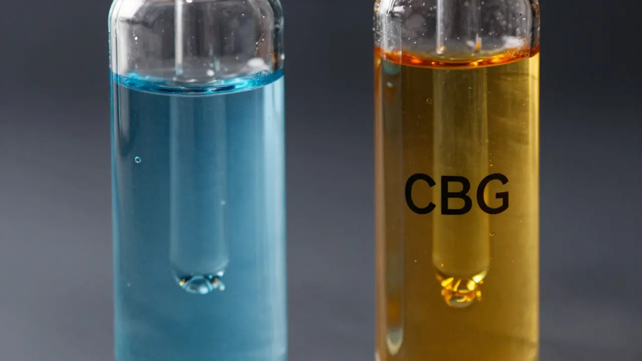 Zwei Tropfer mit blauem CBD und bernsteinfarbenem CBG Öl