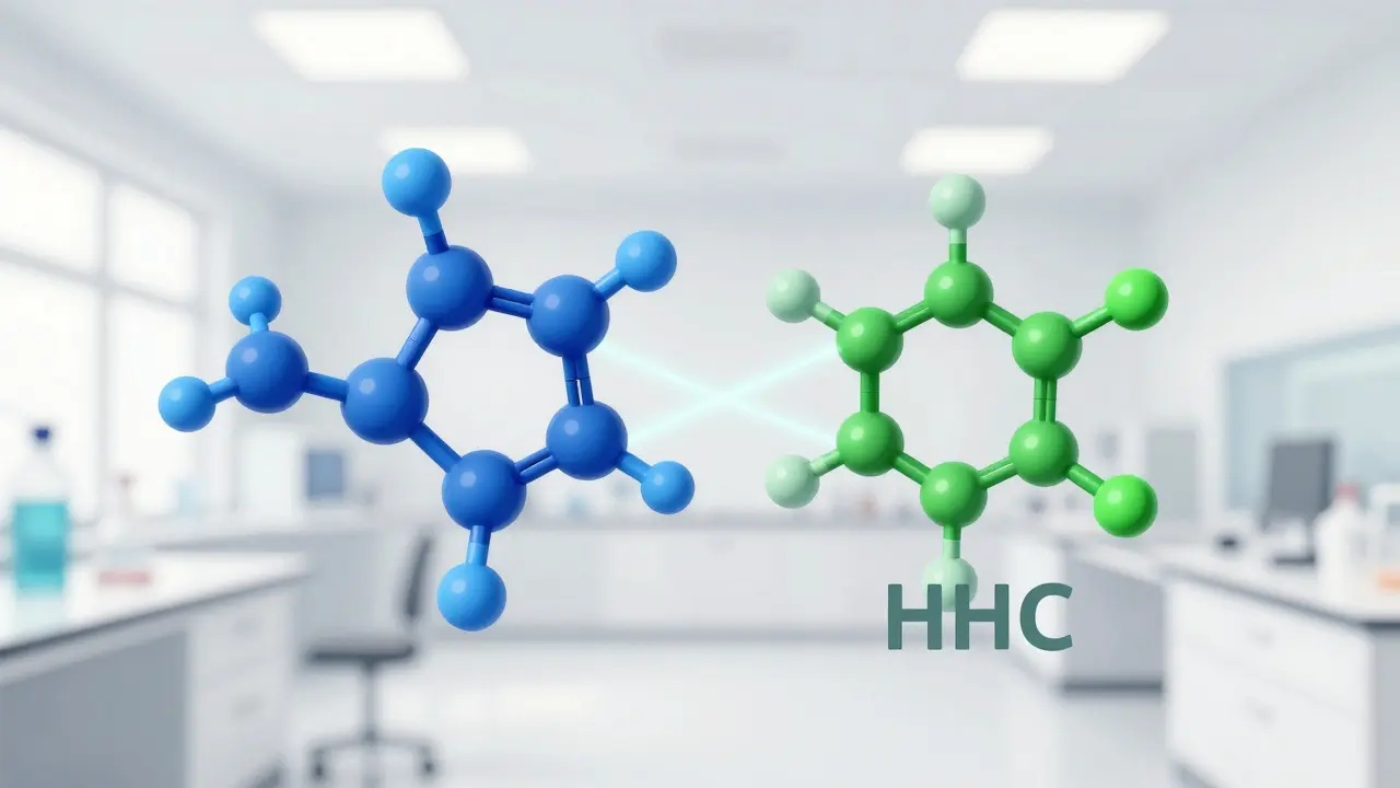 Abstrakte Darstellung der chemischen Unterschiede zwischen HHC und THC Molekülen.