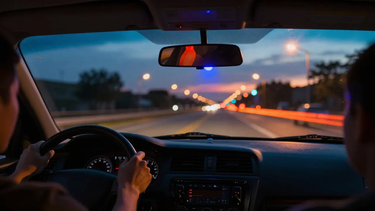 Ansicht aus dem Auto mit verschwommenem Blick und Polizeiblinker