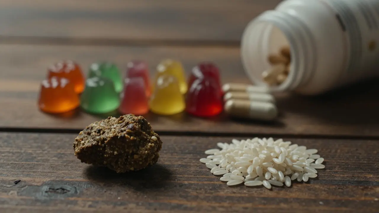 CBD-Hash neben Reiskorn im Vergleich zu Kapseln und Gummis