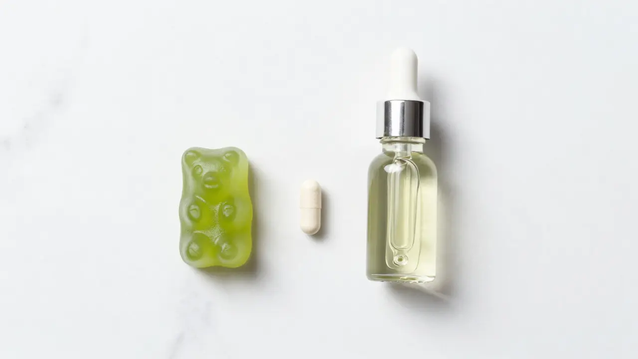 Close-up of CBD gummy, oil dropper, and capsule on white marble