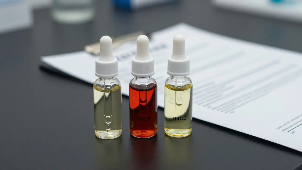 Drei Cannabinoid-Ölflaschen neben einem Labortest-Zertifikat auf schwarzem Untergrund