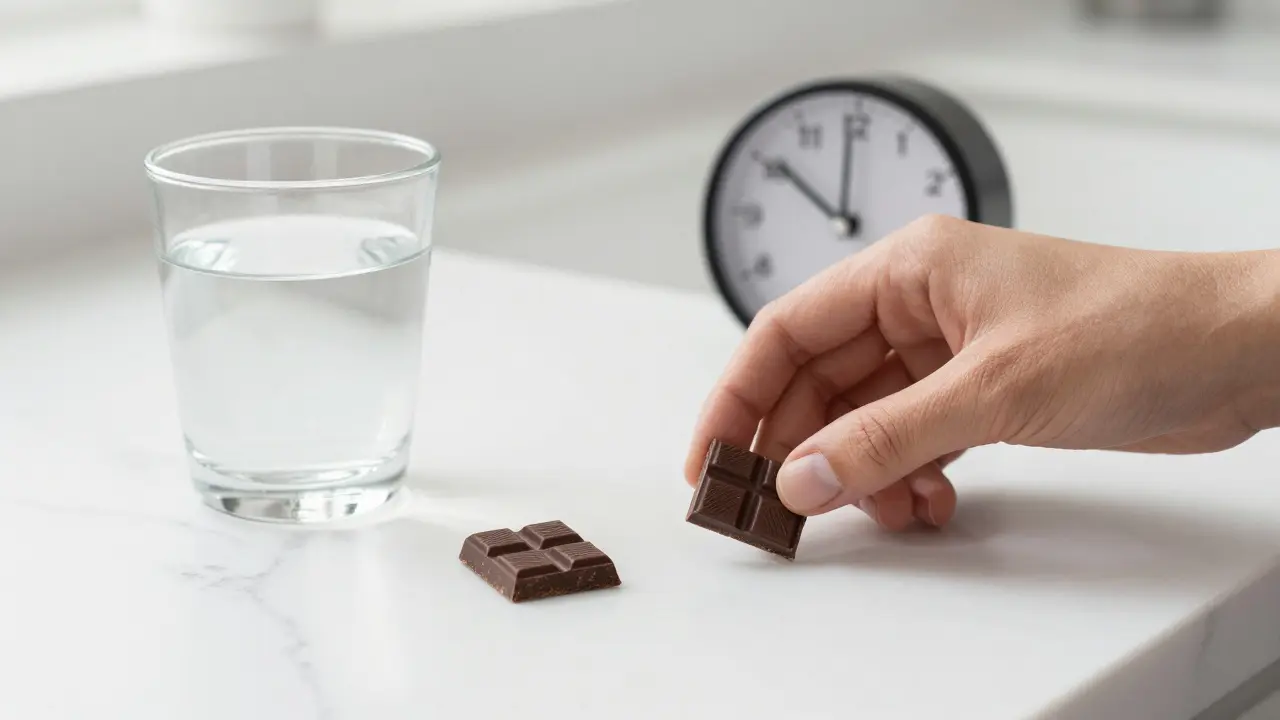 Einzelnes Stück Schokolade und Wasserglas zur Darstellung der richtigen Dosierung