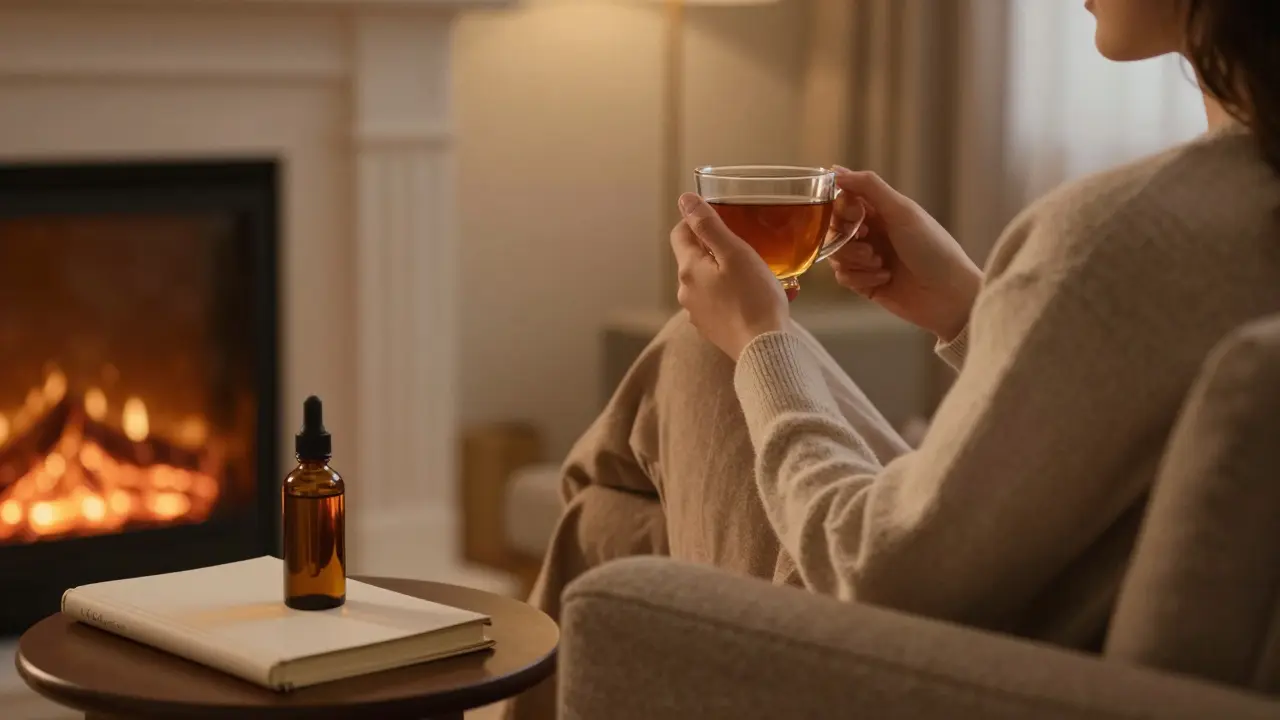 Entspannte Person mit CBD-Ölflasche in einem gemütlichen Wohnzimmer