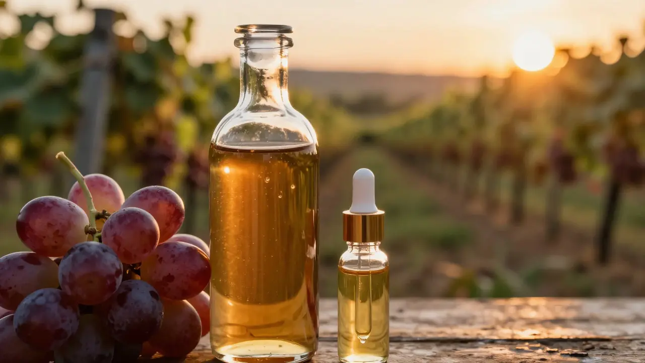 Flasche Cannabis-Wein neben Trauben und CBD-Öl im warmen Sonnenlicht